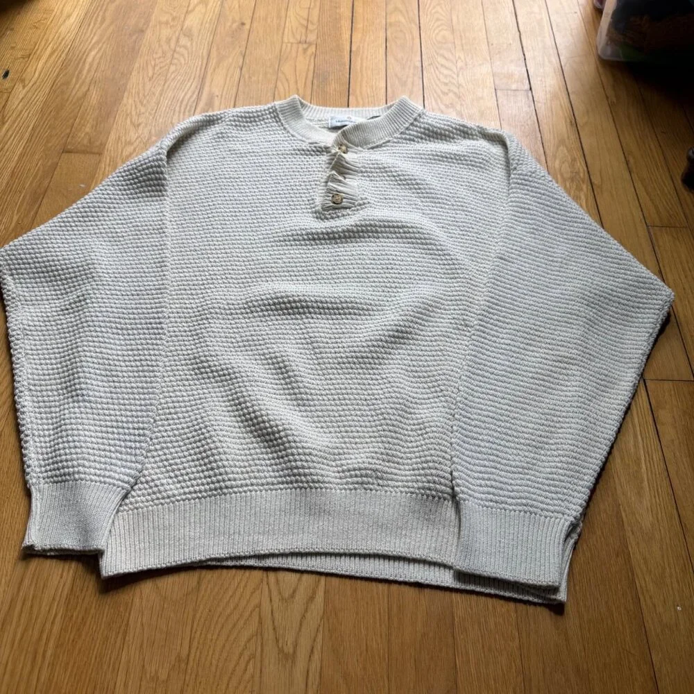 Vintage Henley Fisherman Pullover Sweater Munsingwear Size L Cream Waffle Knit